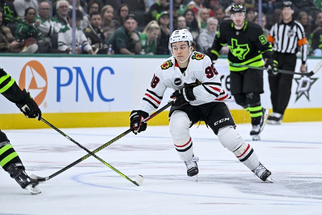 Dec 31, 2023; Dallas, Texas, USA; Chicago Blackhawks center Connor Bedard (98) in action during the game between the Dallas Stars and the Chicago Blackhawks at the American Airlines Center. Mandatory Credit: Jerome Miron-USA TODAY Sports