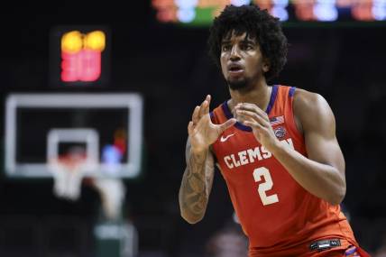 Jan 3, 2024; Coral Gables, Florida, USA; Clemson Tigers guard Dillon Hunter (2) looks on against the Miami Hurricanes during the second half at Watsco Center. Mandatory Credit: Sam Navarro-USA TODAY Sports