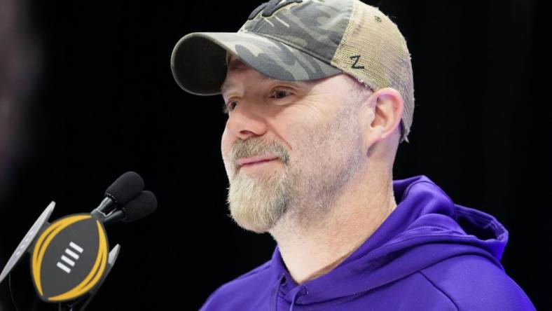 Jan 6, 2024; Houston, TX, USA; Washington Huskies offensive coordinator Ryan Grubb talks to the media during media day before the College Football Playoff national championship game against the Michigan Wolverines at George R Brown Convention Center. Mandatory Credit: Kirby Lee-USA TODAY Sports