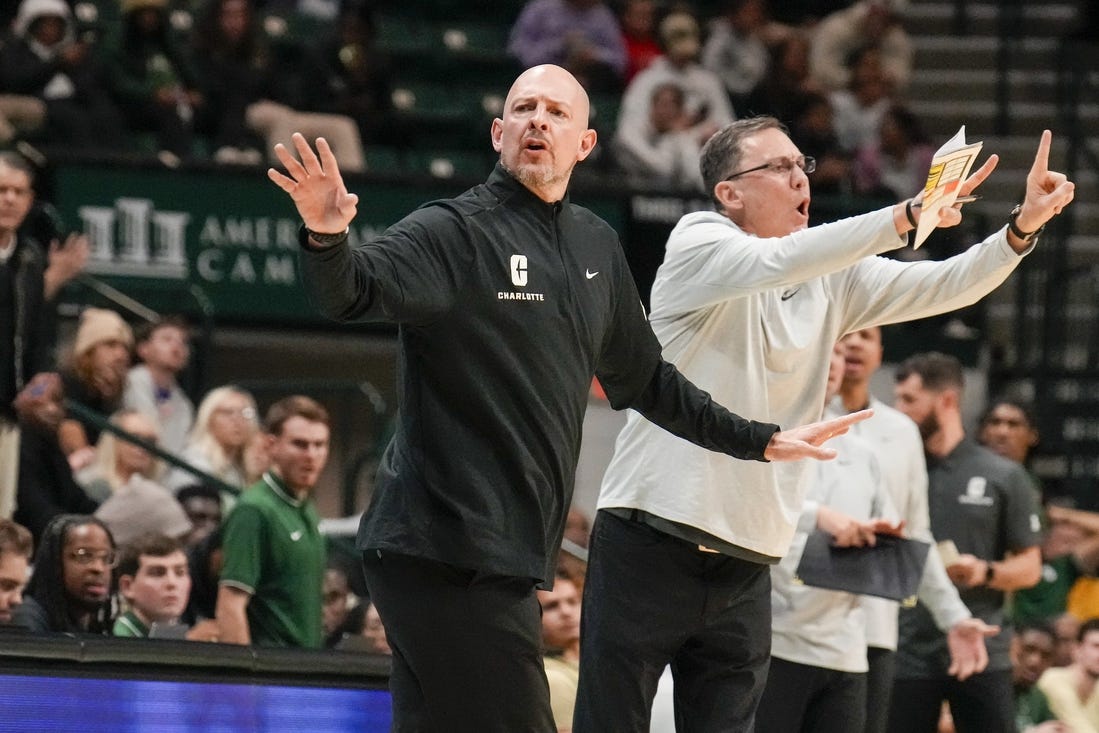 Jan 6, 2024; Charlotte, North Carolina, USA; Charlotte 49ers head coach Aaron Fearne during the second half against the Florida Atlantic Owls at Dale F. Halton Arena. Mandatory Credit: Jim Dedmon-USA TODAY Sports