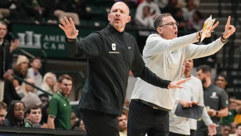 Jan 6, 2024; Charlotte, North Carolina, USA; Charlotte 49ers head coach Aaron Fearne during the second half against the Florida Atlantic Owls at Dale F. Halton Arena. Mandatory Credit: Jim Dedmon-USA TODAY Sports