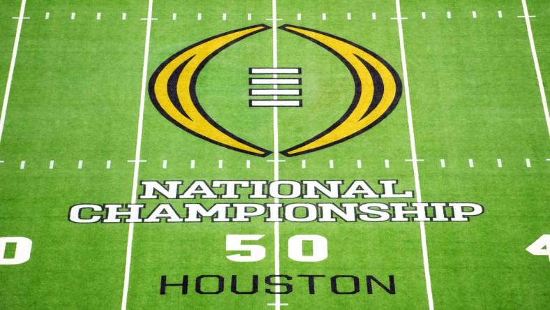 Jan 8, 2024; Houston, TX, USA; The 2024 CFP logo on the field before the 2024 College Football Playoff national championship game between the Michigan Wolverines and the Washington Huskies at NRG Stadium. Mandatory Credit: Kirby Lee-USA TODAY Sports