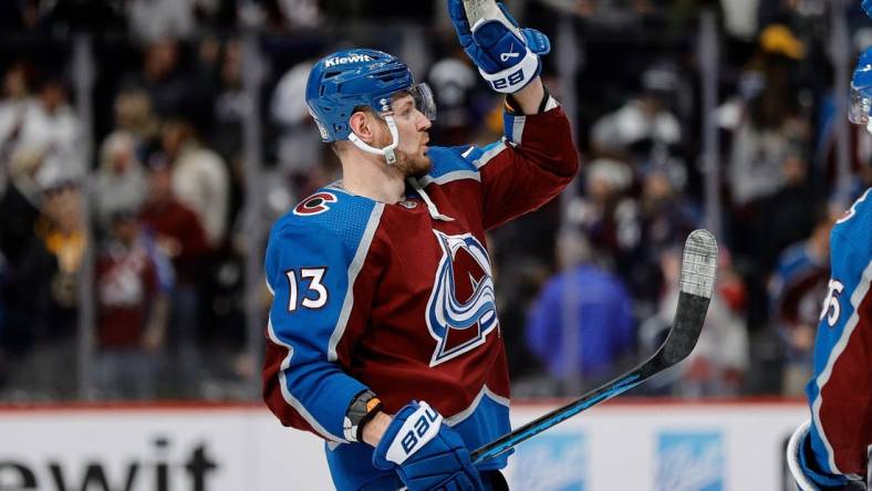 Jan 8, 2024; Denver, Colorado, USA; Colorado Avalanche right wing Valeri Nichushkin (13) celebrates after the game against the Boston Bruins at Ball Arena. Mandatory Credit: Isaiah J. Downing-USA TODAY Sports