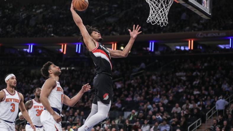 Jan 9, 2024; New York, New York, USA; Portland Trail Blazers guard Shaedon Sharpe (17) goes up for a dunk in the second quarter against the New York Knicks at Madison Square Garden. Mandatory Credit: Wendell Cruz-USA TODAY Sports