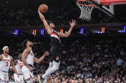 Jan 9, 2024; New York, New York, USA; Portland Trail Blazers guard Shaedon Sharpe (17) goes up for a dunk in the second quarter against the New York Knicks at Madison Square Garden. Mandatory Credit: Wendell Cruz-USA TODAY Sports