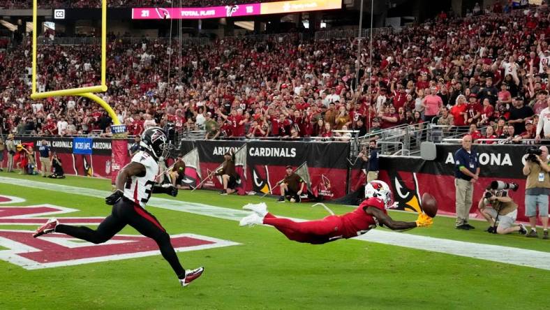 Nov 12, 2023; Glendale, AZ, USA; Arizona Cardinals wide receiver Marquise Brown (2) misses a touchdown catch against the Atlanta Falcons in the first half at State Farm Stadium. Mandatory Credit: Rob Schumacher-Arizona Republic