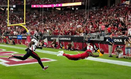 Nov 12, 2023; Glendale, AZ, USA; Arizona Cardinals wide receiver Marquise Brown (2) misses a touchdown catch against the Atlanta Falcons in the first half at State Farm Stadium. Mandatory Credit: Rob Schumacher-Arizona Republic