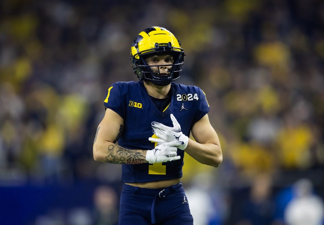 Jan 8, 2024; Houston, TX, USA; Michigan Wolverines wide receiver Roman Wilson (1) against the Washington Huskies during the 2024 College Football Playoff national championship game at NRG Stadium. Mandatory Credit: Mark J. Rebilas-USA TODAY Sports