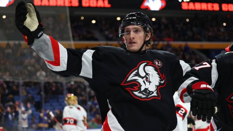 Jan 11, 2024; Buffalo, New York, USA;  Buffalo Sabres right wing Tage Thompson (72) reacts after scoring a goal during the first period against the Ottawa Senators at KeyBank Center. Mandatory Credit: Timothy T. Ludwig-USA TODAY Sports