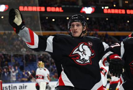 Jan 11, 2024; Buffalo, New York, USA;  Buffalo Sabres right wing Tage Thompson (72) reacts after scoring a goal during the first period against the Ottawa Senators at KeyBank Center. Mandatory Credit: Timothy T. Ludwig-USA TODAY Sports