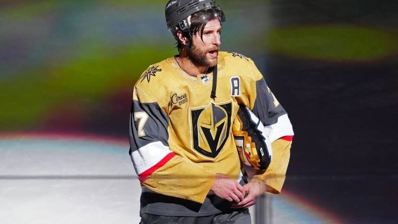 Jan 11, 2024; Las Vegas, Nevada, USA; Vegas Golden Knights defenseman Alex Pietrangelo (7) is named First Star of the Game after scoring the game winning goal against the Boston Bruins in overtime at T-Mobile Arena. Mandatory Credit: Stephen R. Sylvanie-USA TODAY Sports