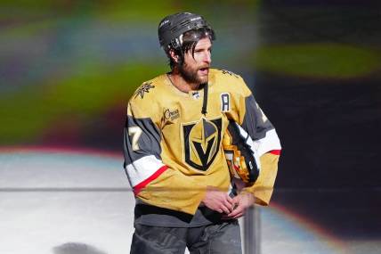 Jan 11, 2024; Las Vegas, Nevada, USA; Vegas Golden Knights defenseman Alex Pietrangelo (7) is named First Star of the Game after scoring the game winning goal against the Boston Bruins in overtime at T-Mobile Arena. Mandatory Credit: Stephen R. Sylvanie-USA TODAY Sports