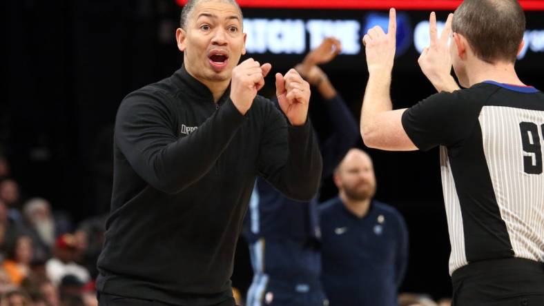 Jan 12, 2024; Memphis, Tennessee, USA; Los Angeles Clippers head coach Tyronn Lue reacts after a foul call during the second half against the Memphis Grizzlies  at FedExForum. Mandatory Credit: Petre Thomas-USA TODAY Sports