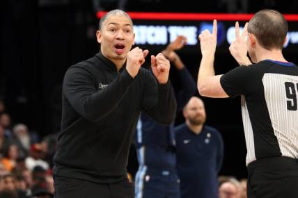 Jan 12, 2024; Memphis, Tennessee, USA; Los Angeles Clippers head coach Tyronn Lue reacts after a foul call during the second half against the Memphis Grizzlies  at FedExForum. Mandatory Credit: Petre Thomas-USA TODAY Sports