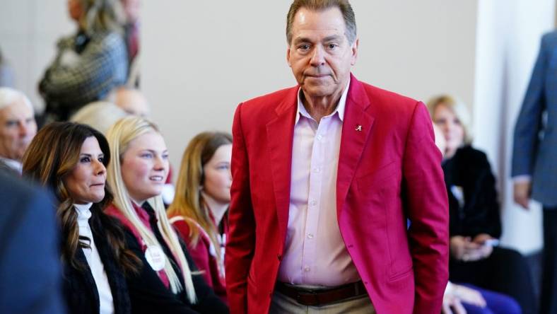 Jan 13, 2024; Tuscaloosa, AL, USA; University of Alabama former head coach Nick Saban attends a press conference to introduce the new head football coach Kalen DeBoer (not pictured) in the North end zone at Bryant-Denny Stadium. Mandatory Credit: John David Mercer-USA TODAY Sports