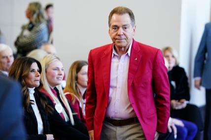Jan 13, 2024; Tuscaloosa, AL, USA; University of Alabama former head coach Nick Saban attends a press conference to introduce the new head football coach Kalen DeBoer (not pictured) in the North end zone at Bryant-Denny Stadium. Mandatory Credit: John David Mercer-USA TODAY Sports