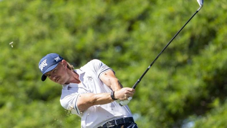 January 13, 2024; Honolulu, Hawaii, USA; Jake Knapp hits his tee shot on the second hole during the third round of the Sony Open in Hawaii golf tournament at Waialae Country Club. Mandatory Credit: Kyle Terada-USA TODAY Sports