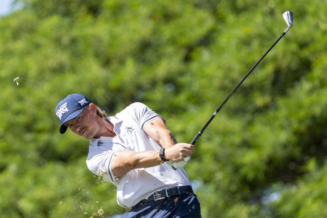 January 13, 2024; Honolulu, Hawaii, USA; Jake Knapp hits his tee shot on the second hole during the third round of the Sony Open in Hawaii golf tournament at Waialae Country Club. Mandatory Credit: Kyle Terada-USA TODAY Sports