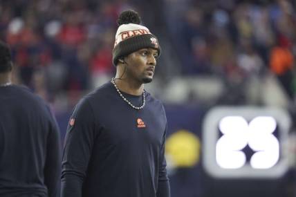 Jan 13, 2024; Houston, Texas, USA; Cleveland Browns quarterback Deshaun Watson looks on from the sideline in a 2024 AFC wild card game against the Houston Texans at NRG Stadium. Mandatory Credit: Troy Taormina-USA TODAY Sports