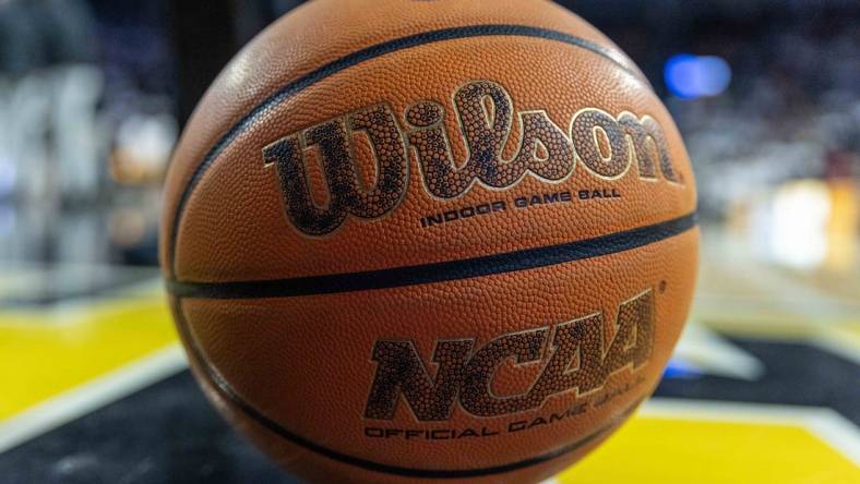 Jan 14, 2024; Wichita, Kansas, USA; A detail view of a WIlson basketball siting on the court during the game between the Wichita State Shockers and the Memphis Tigers at Charles Koch Arena. Mandatory Credit: William Purnell-USA TODAY Sports