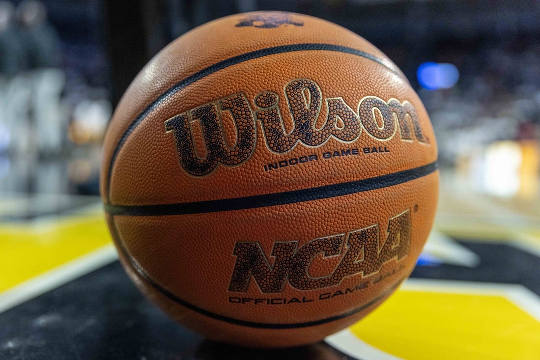 Jan 14, 2024; Wichita, Kansas, USA; A detail view of a WIlson basketball siting on the court during the game between the Wichita State Shockers and the Memphis Tigers at Charles Koch Arena. Mandatory Credit: William Purnell-USA TODAY Sports