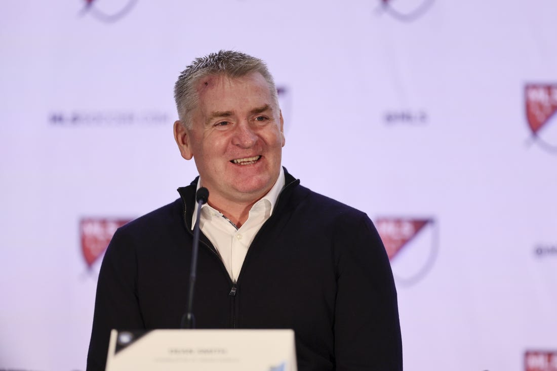 Jan 11, 2024; Miami, FL, USA; Charlotte FC head coach Dean Smith speaks during MLS Media Day at Miami Beach Convention Center. Mandatory Credit: Sam Navarro-USA TODAY Sports