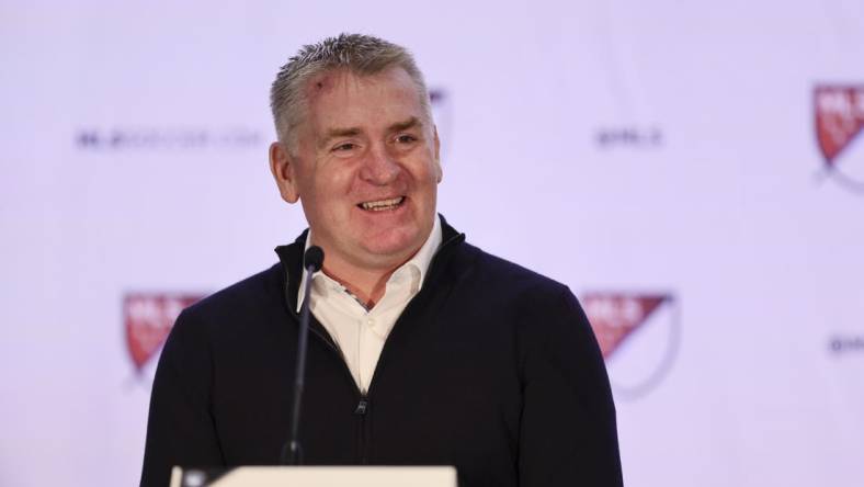 Jan 11, 2024; Miami, FL, USA; Charlotte FC head coach Dean Smith speaks during MLS Media Day at Miami Beach Convention Center. Mandatory Credit: Sam Navarro-USA TODAY Sports