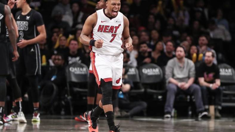 Jan 15, 2024; Brooklyn, New York, USA;  Miami Heat guard Kyle Lowry (7) reacts after scoring in the third quarter against the Brooklyn Nets at Barclays Center. Mandatory Credit: Wendell Cruz-USA TODAY Sports