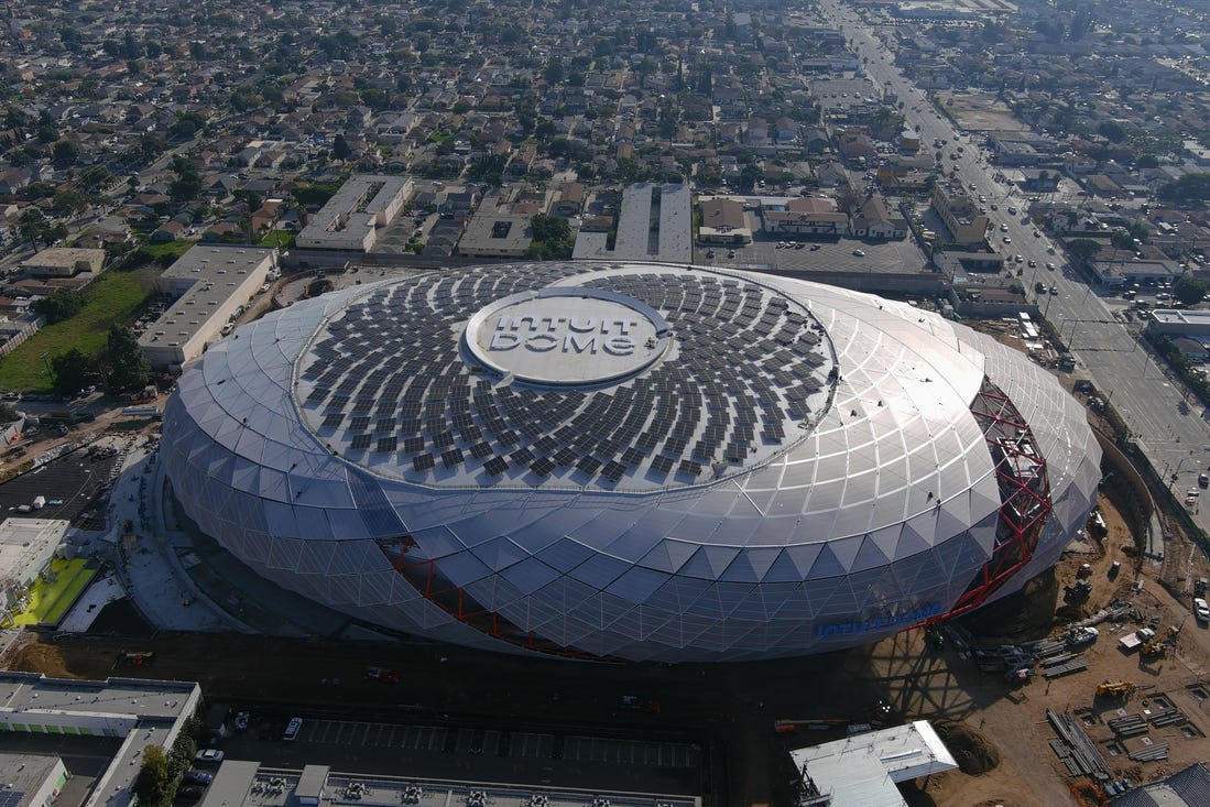 Jan 16, 2024; Inglewood, California, USA; The Intuit Dome is seen from an aerial view while under construction. The arena will the future home of the LA Clippers and site of the 2026 NBA All-Star Game. Mandatory Credit: Kirby Lee-USA TODAY Sports