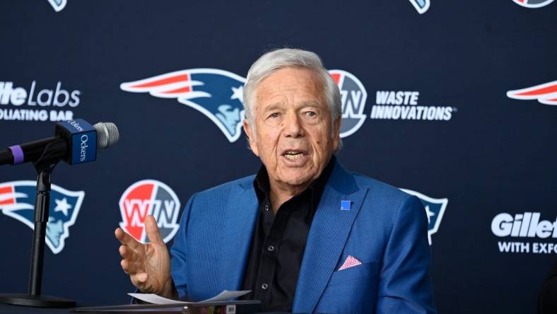 Jan 17, 2024; Foxborough, MA, USA; New England Patriots owner Robert Kraft addresses media at a press conference announcing the hiring of Jerod Mayo as the team's new head coach at Gillette Stadium. Mandatory Credit: Eric Canha-USA TODAY Sports