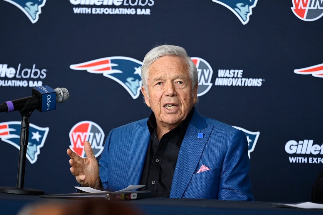 Jan 17, 2024; Foxborough, MA, USA; New England Patriots owner Robert Kraft addresses media at a press conference announcing the hiring of Jerod Mayo as the team's new head coach at Gillette Stadium. Mandatory Credit: Eric Canha-USA TODAY Sports