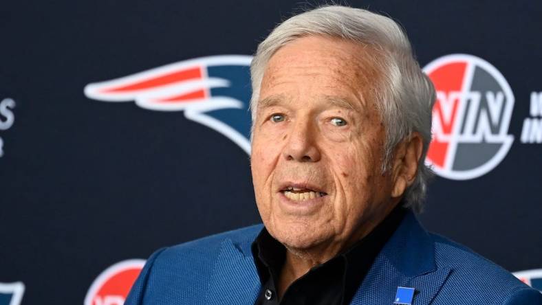 Jan 17, 2024; Foxborough, MA, USA; New England Patriots owner Robert Kraft answers questions from the media at a press conference at Gillette Stadium to announce the team's hiring of head coach Jerod Mayo (not pictured). Mandatory Credit: Eric Canha-USA TODAY Sports