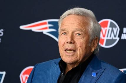 Jan 17, 2024; Foxborough, MA, USA; New England Patriots owner Robert Kraft answers questions from the media at a press conference at Gillette Stadium to announce the team's hiring of head coach Jerod Mayo (not pictured). Mandatory Credit: Eric Canha-USA TODAY Sports