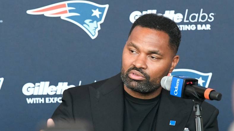 Jan 17, 2024; Foxborough, MA, USA; New England Patriots head coach Jerod Mayo answers questions from the media at a press conference at Gillette Stadium to announce his hiring as head coach. Mandatory Credit: Eric Canha-USA TODAY Sports