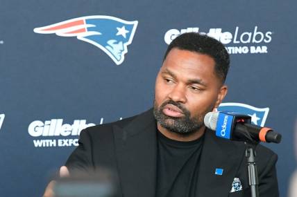 Jan 17, 2024; Foxborough, MA, USA; New England Patriots head coach Jerod Mayo answers questions from the media at a press conference at Gillette Stadium to announce his hiring as head coach. Mandatory Credit: Eric Canha-USA TODAY Sports