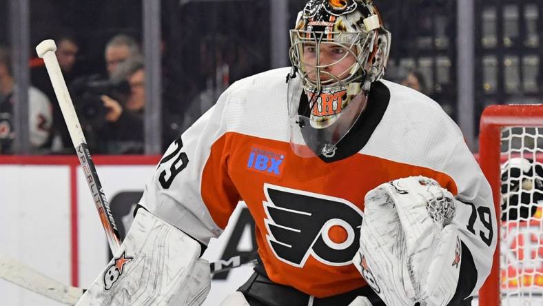 Jan 8, 2024; Philadelphia, Pennsylvania, USA; Philadelphia Flyers goaltender Carter Hart (79) against the Pittsburgh Penguins at Wells Fargo Center. Mandatory Credit: Eric Hartline-USA TODAY Sports