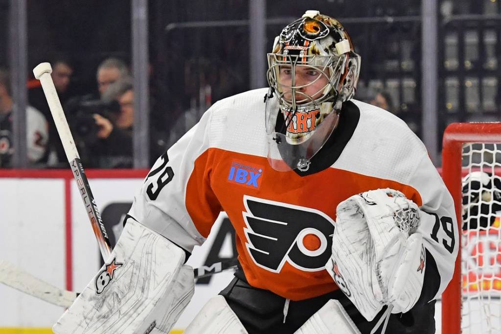 Jan 8, 2024; Philadelphia, Pennsylvania, USA; Philadelphia Flyers goaltender Carter Hart (79) against the Pittsburgh Penguins at Wells Fargo Center. Mandatory Credit: Eric Hartline-USA TODAY Sports