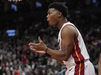 Jan 17, 2024; Toronto, Ontario, CAN; Miami Heat guard Kyle Lowry (7) reacts after a play against the Toronto Raptors during the second half at Scotiabank Arena. Mandatory Credit: John E. Sokolowski-USA TODAY Sports