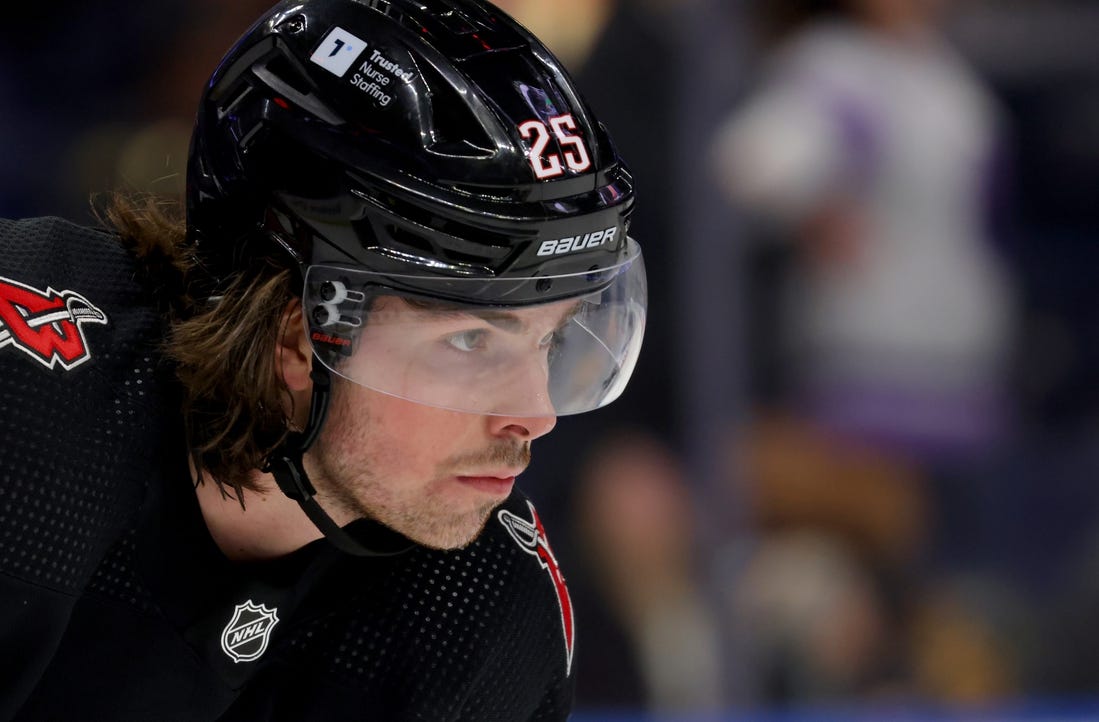 Jan 18, 2024; Buffalo, New York, USA;  Buffalo Sabres defenseman Owen Power (25) waits for the face-off during the third period against the Chicago Blackhawks at KeyBank Center. Mandatory Credit: Timothy T. Ludwig-USA TODAY Sports