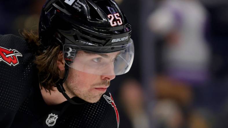 Jan 18, 2024; Buffalo, New York, USA;  Buffalo Sabres defenseman Owen Power (25) waits for the face-off during the third period against the Chicago Blackhawks at KeyBank Center. Mandatory Credit: Timothy T. Ludwig-USA TODAY Sports