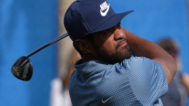 Jan 19, 2024; La Quinta, California, USA; Tony Finau hits his tee shot on the tenth hole during the second round of the The American Express golf tournament at PGA West Dye Stadium Cours. Mandatory Credit: Ray Acevedo-USA TODAY Sports