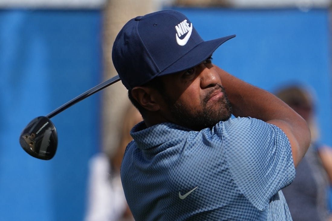 Jan 19, 2024; La Quinta, California, USA; Tony Finau hits his tee shot on the tenth hole during the second round of the The American Express golf tournament at PGA West Dye Stadium Cours. Mandatory Credit: Ray Acevedo-USA TODAY Sports