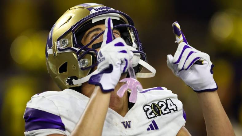 Washington Huskies wide receiver Rome Odunze (1) in the 2024 College Football Playoff national championship game at NRG Stadium. Mandatory Credit: Thomas Shea-USA TODAY Sports