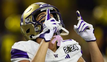 Washington Huskies wide receiver Rome Odunze (1) in the 2024 College Football Playoff national championship game at NRG Stadium. Mandatory Credit: Thomas Shea-USA TODAY Sports