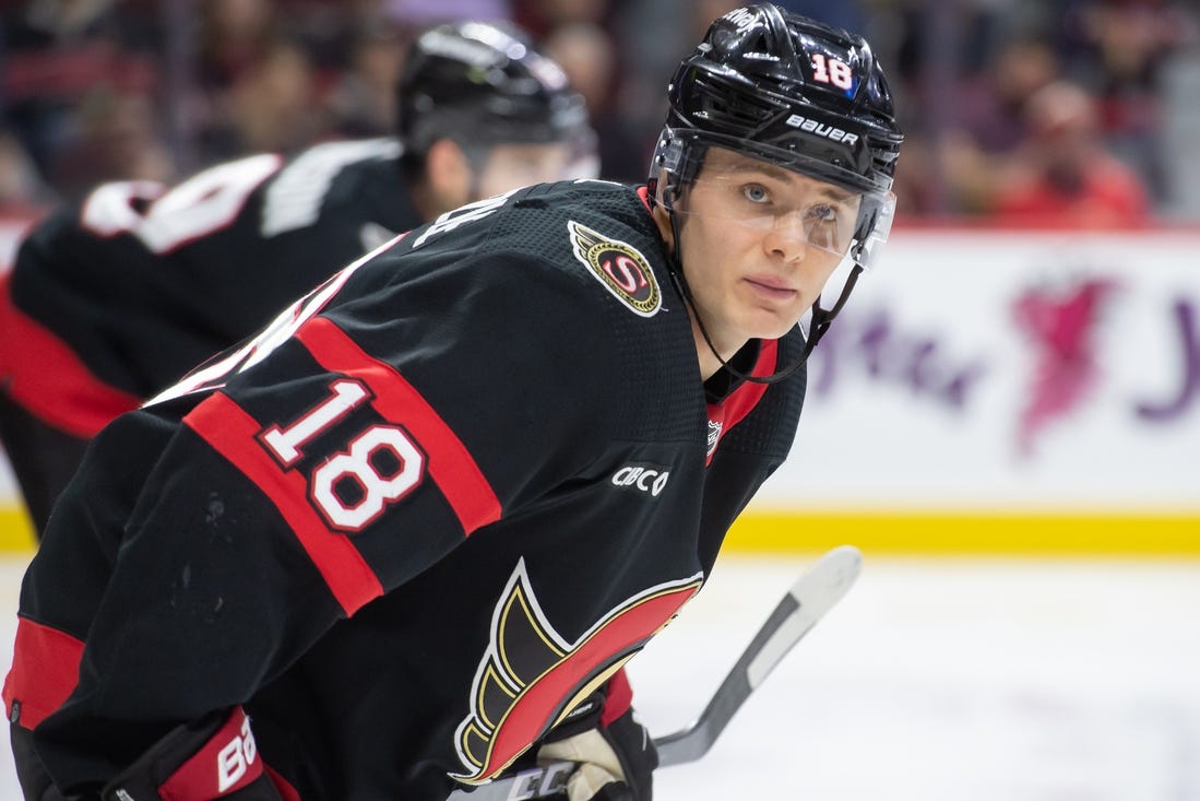 Jan 20, 2024; Ottawa, Ontario, CAN; Ottawa Senators center Tim Stutzle (18) lines up for a faceoff in the second period against the Winnipeg Jets at the Canadian Tire Centre. Mandatory Credit: Marc DesRosiers-USA TODAY Sports