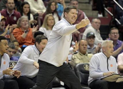 Jan 20, 2024; Tallahassee, Florida, USA; Clemson Tigers head coach Brad Brownell gestures during the second half against the Florida State Seminoles at Donald L. Tucker Center. Mandatory Credit: Melina Myers-USA TODAY Sports