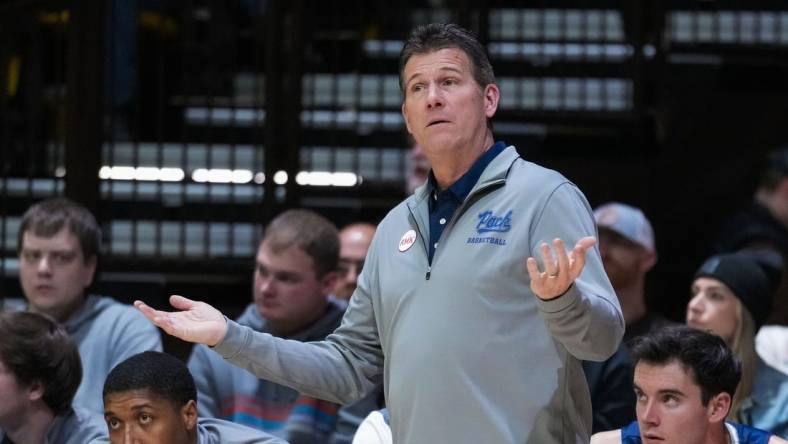 Jan 20, 2024; Laramie, Wyoming, USA; Nevada Wolf Pack head coach Steve Alford reacts against the Wyoming Cowboys during the first half at Arena-Auditorium. Mandatory Credit: Troy Babbitt-USA TODAY Sports