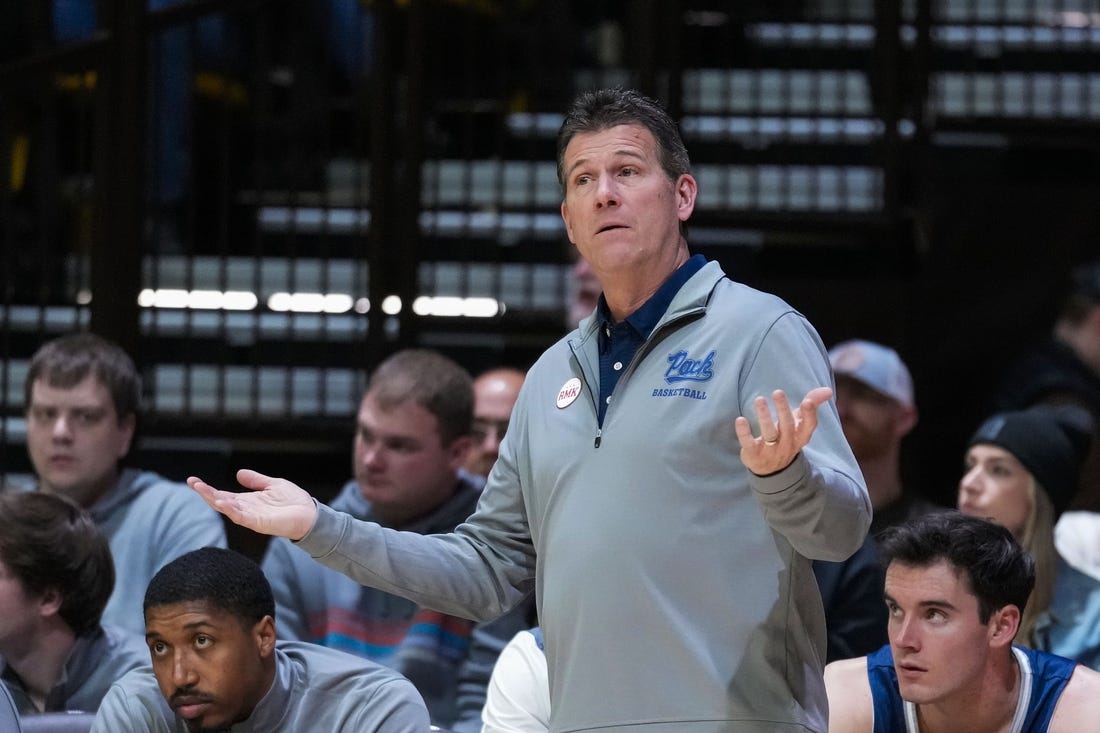 Jan 20, 2024; Laramie, Wyoming, USA; Nevada Wolf Pack head coach Steve Alford reacts against the Wyoming Cowboys during the first half at Arena-Auditorium. Mandatory Credit: Troy Babbitt-USA TODAY Sports