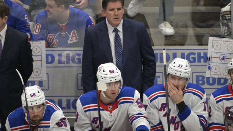 Jan 21, 2024; Anaheim, California, USA; New York Rangers head coach Peter Laviolette looks on from the bench in the second period against the Anaheim Ducks at Honda Center. Mandatory Credit: Jayne Kamin-Oncea-USA TODAY Sports