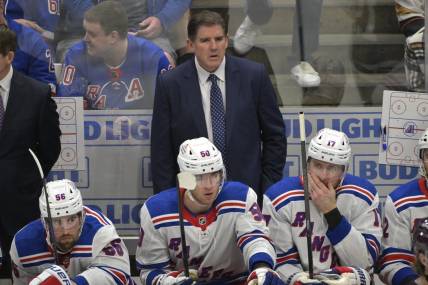 Jan 21, 2024; Anaheim, California, USA; New York Rangers head coach Peter Laviolette looks on from the bench in the second period against the Anaheim Ducks at Honda Center. Mandatory Credit: Jayne Kamin-Oncea-USA TODAY Sports